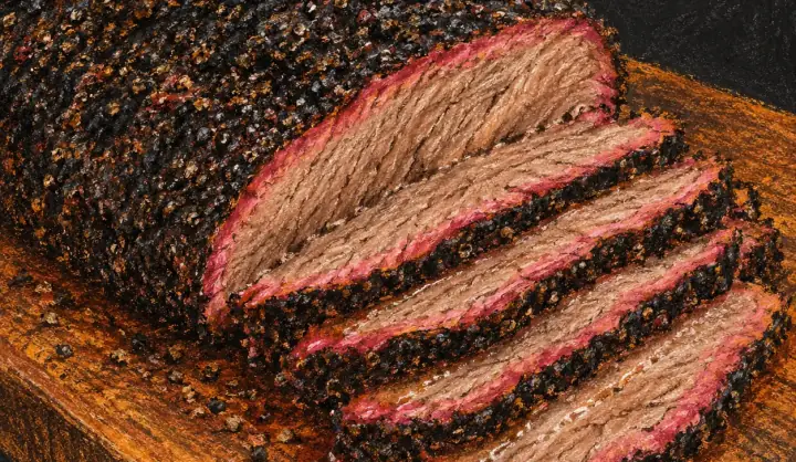 Sliced smoked brisket with a black peppery bark and a thin pink ring under it