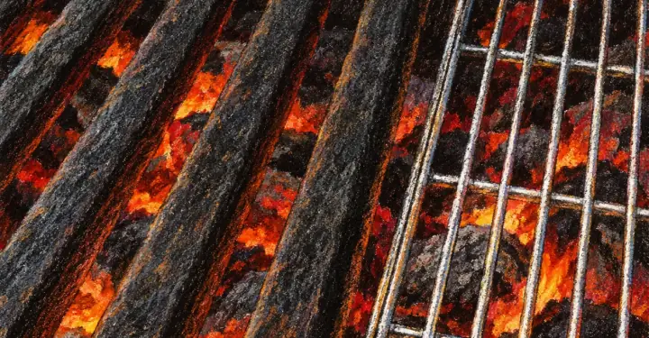 A heavy cast-iron grate beside a thin wire grate, both over glowing coals